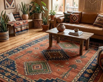 Navajo Inspired Wool Area Rug, Hand Tufted Southwestern Carpet, Tribal Arrow Pattern Rug fir Living Room, Bedroom & Dining Area Floor