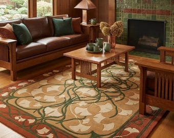 Art Nouveau Floral Rug, Hand Tufted Wool Area Rug, Botanical Craftsman Rug, Vintage Inspired Living Room Carpet, Luxury Handmade Home Decor
