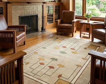 Ginkgo Leaf Rug, Hand Tufted Wool Area Rug, Arts and Crafts Carpet, Craftsman Decor, Botanical Mission Style Home Rug