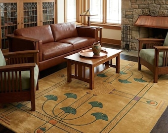 Prairie Oak Arts & Crafts Hand-Tufted Rug | Heritage Ginkgo Pattern Wool Carpet, Ginkgo Grove Hand-Tufted Carpet for Living Room, Bedroom