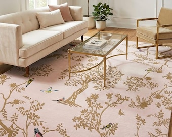 Floral Bird Area Rug, Pink Wool Rug, Hand Tufted Botanical Carpet, Cottagecore Rug, Elegant Traditional Home Decor