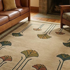 Prairie Style Floral Carpet | Handmade Arts and Crafts Wool Rug, Art Nouveau Floral Area Rug for Living Room, Bedroom & Vintage Home Decor image 5