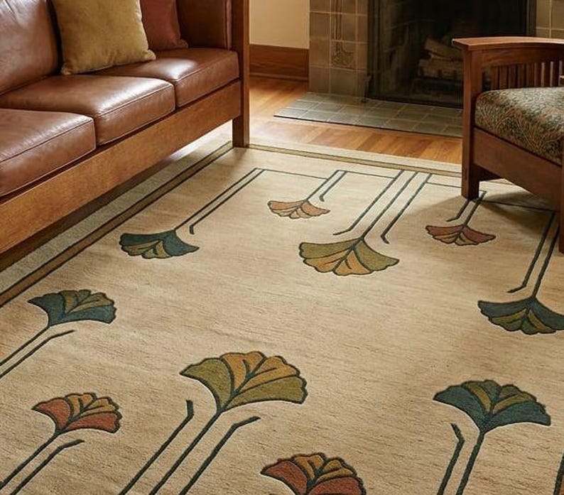 Prairie Style Floral Carpet | Handmade Arts and Crafts Wool Rug, Art Nouveau Floral Area Rug for Living Room, Bedroom & Vintage Home Decor image 5