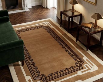 Camel Ivory Wool Rug, Hand Tufted Art Deco Carpet, Geometric Area Rug, Luxury Living Room Decor, Sophisticated Vintage Style