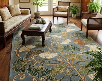 Ginkgo Tree Botanical Rug, Handmade Hand Tufted Wool Area Rug, Arts and Crafts Floral Carpet, Craftsman Interior Rug, Luxury Statement Rug