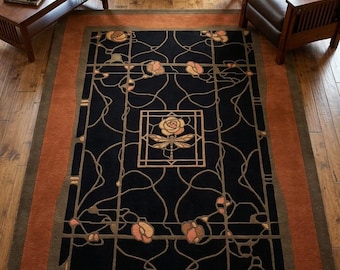 Elegant Botanical Wool Rug, Hand Tufted Arts and Crafts Carpet, Black Floral Area Rug, Vintage Mission Style Home Decor