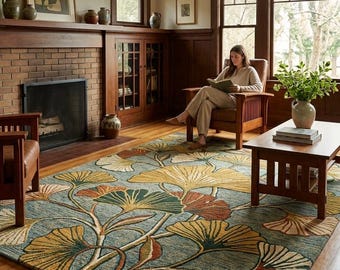 Arts and Crafts Ginkgo Rug, Hand Tufted Wool Area Rug, Botanical Carpet, Mission Style Decor, Vintage Inspired Home Rug