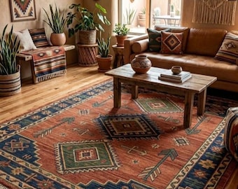 Southwestern Tribal Knotted Carpet, Terracotta Geometric Area Rug, Vintage Boho Rug, Handmade Rustic Floor Rug, Eclectic Home Decor