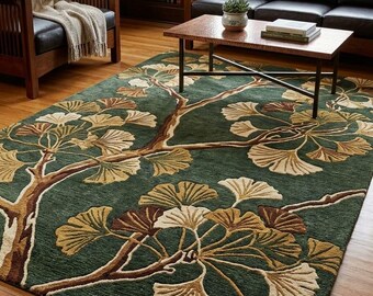 Dark Green Ginkgo Rug, Hand Tufted Wool Area Rug, Botanical Arts and Crafts Carpet, Craftsman Interior Decor, Artisan Wool Rug