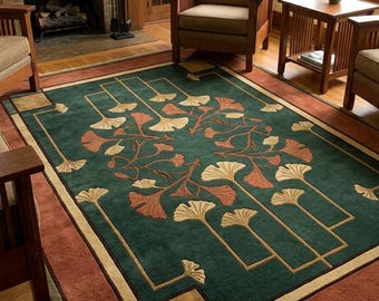 Arts and Crafts Ginkgo Rug, Green Botanical Wool Rug, Mission Style Hand Tufted Area Rug, Craftsman Living Room Decor