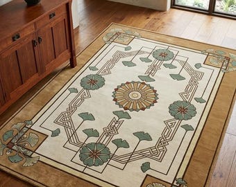 Hand Tufted Ginkgo Wool Rug, Arts and Crafts Botanical Area Rug, Craftsman Mission Style Carpet, Elegant Nature Inspired Home Decor