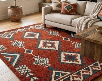 Terracotta Southwestern Wool Rug, Hand Tufted Tribal Area Rug, Geometric Boho Carpet, Rustic Western Home Decor