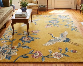 Elegant Mustard Wool Rug, Hand Tufted Floral Area Rug, Flying Crane Carpet, Botanical Chinoiserie Decor, Luxury Home Rug