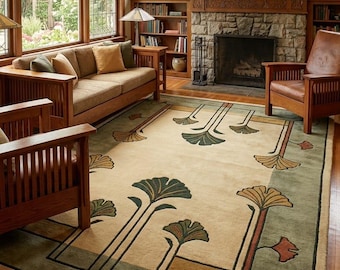 Arts and Crafts Ginkgo Rug, Hand Tufted Wool Area Rug, Mission Style Carpet, Prairie Style Living Room Rug, booking for Living Room Bedroom