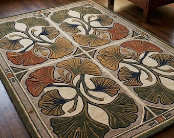 Nature Inspired Ginkgo Rug, Cream and Green Wool Area Rug, Hand Tufted Botanical Carpet, Craftsman Mission Decor