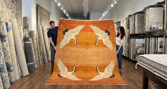 Hand Knotted Crane Rug, Japanese Inspired Wool Area Rug, Orange Bird Rug, Artisan Handmade Carpet, Nature Decor Rug, Luxury Statement Rug