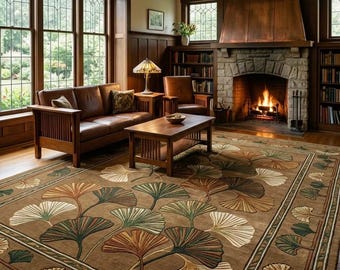 Mission Style Ginkgo Rug, Hand Tufted Wool Area Rug, Arts and Crafts Botanical Carpet, Craftsman Living Room Decor