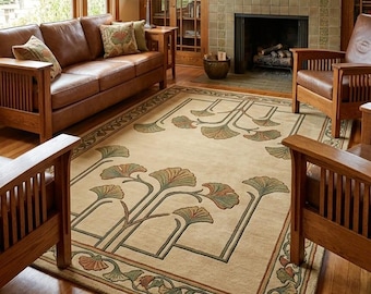 Arts and Crafts Rug, Ginkgo Leaf Wool Rug, Hand Tufted Area Rug, Craftsman Botanical Carpet, Mission Style Home Decor