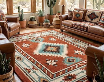 Southwestern Tufted Rug, Tribal Geometric Wool Area Rug, Terracotta Teal Carpet, Boho Living Room Rug, Desert Western Home Decor