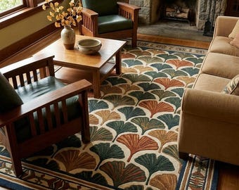 Craftsman Colourful Ginkgo Leaf Rug, Hand Tufted Wool Carpet, Botanical Area Rug, Arts and Crafts Interior Decor