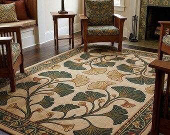 Vintage Inspired Botanical Rug, Hand Tufted Wool Area Rug, Ginkgo Leaf Carpet, Arts and Crafts Decor, Green Ivory Traditional Rug