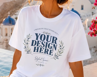 Weißes Tshirt Mockup, Griechenland Sommer Lifestyle, Unisex Übergroßes T-Shirt, Bella Canvas Comfort Farben Gildan