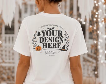 Halloween-Rückenansicht Mockup, Bella Canvas 3001 Mockup, Weißes Hemd Zurück Mockup, Kürbissaison Mockup, Halloween T-Shirt Mockup, Herbst Shirt