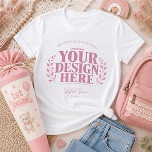 Gildan 5000B Flat Lay Mockup, Kinder Tshirt Mockup, Schulanfang Mockup, Schulanfang Shirt Mockup, weißes Jugend T-Shirt, JPG Download