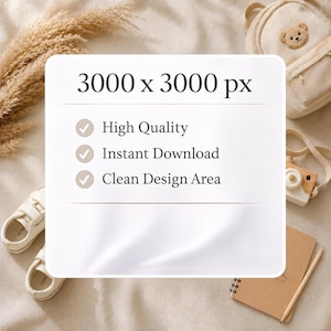 Puede incluir: Una maqueta de producto de tonos neutros con un fondo blanco. El texto dice "3000 x 3000 px", "Alta calidad", "Descarga instant&aacute;nea" y "&Aacute;rea de dise&ntilde;o limpia". La imagen incluye una mochila, zapatos y un cuaderno.