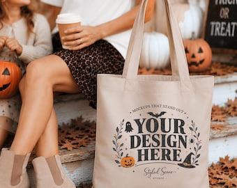 Halloween Einkaufstasche Mockup, Baumwoll Tragetasche Mockup, Liberty Bags OAD113 Mockup, Kürbis Saison Einkaufstasche, Herbst Canvas Tasche Mockup