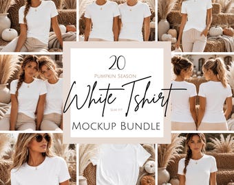 Bella Canvas 3001 Herbst Mockup Bundle, BC3001 Weißes Shirt Mockup Bundle, Herbst Boho T-Shirt Mockup, Kürbis Saison T-Shirt Mockup, 20 JPGs