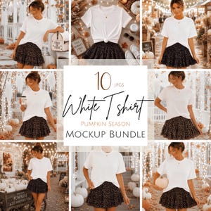 May include: A bundle of 10 digital images featuring a plain white t-shirt paired with a black leopard print skirt. The text 10 jpgs White T shirt PUMPKIN SEASON MOCKUP BUNDLE is centered in the middle of the collage of various lifestyle scenes.