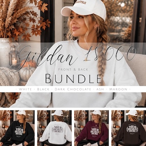May include: A Gildan 18000 sweatshirt bundle featuring a white crewneck sweatshirt with long sleeves. The image includes text reading Gildan 18000 Front & Back Bundle, with colour options listed as White, Black, Dark Chocolate, Ash, and Maroon.