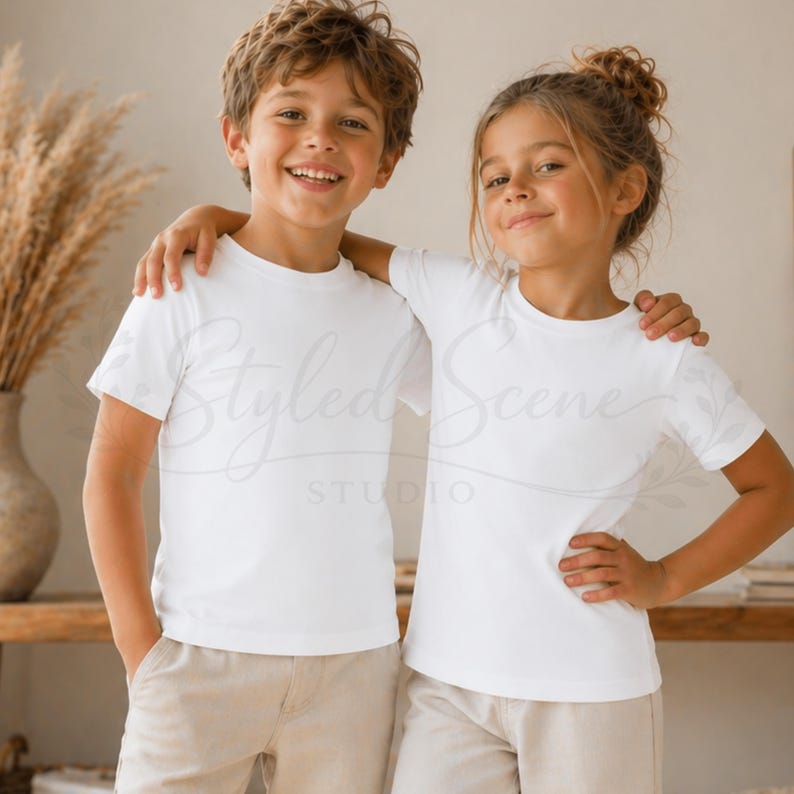 Puede incluir: Dos ni&ntilde;os con camisetas blancas y pantalones beige posan para una foto. El ni&ntilde;o tiene el pelo casta&ntilde;o y la ni&ntilde;a tiene el pelo recogido en un mo&ntilde;o. Las camisetas son de cuello redondo y manga corta. La imagen es luminosa.