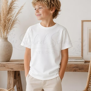 Puede incluir: Una camiseta blanca lisa en una persona joven. La camiseta tiene mangas cortas. La persona lleva pantalones color caqui. El fondo incluye una mesa de madera, un jarr&oacute;n con plantas secas y un cuadro enmarcado.