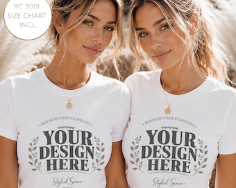 Bella Canvas 3001 Paar Mockup, BC 3001 Weißes Shirt Mockup, Passendes T-Shirt Mockup, Gruppe Shirt Mockup, Herbst T-Shirt Mockup, Größentabelle Inkl