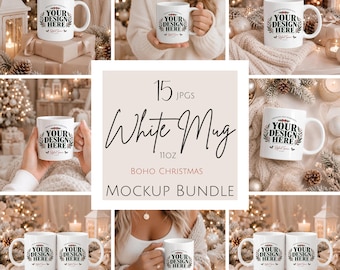 Christmas Mug Mockup Bundle, White 11oz Ceramic Mug Mockup, Boho Christmas Coffee Cup Mockup, Holiday Season Mug Mockup, Digital Download