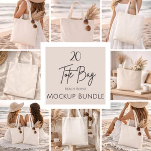 May include: A selection of off-white tote bags, some decorated with dried flowers and wooden details. The image includes the text "20 Tote Bag Beach Boho Mockup Bundle."