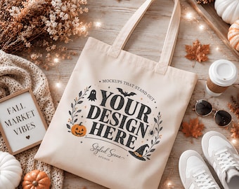 Herbst Tote Bag Flat Lay Mockup, Halloween Baumwolltasche, Liberty Bags OAD113 Mockup, Kürbis Saison Tote Bag, Herbst Canvas Tasche Mockup