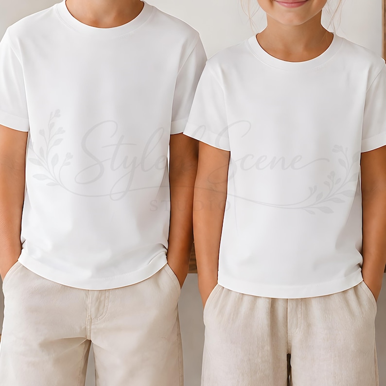 Puede incluir: Dos ni&ntilde;os con camisetas blancas de cuello redondo y pantalones cortos beige. Las camisetas son lisas y de manga corta. Los ni&ntilde;os est&aacute;n uno al lado del otro, con las manos en los bolsillos.