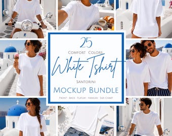 White Comfort Colors TShirt Mockup Bundle, Weiß C1717 Mockup, Griechischer Sommer Mockup, Santorini Lifestyle, Flatlay, Vorderseite, Paar, Rückseite, 25JPG