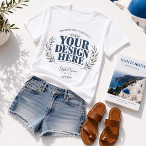 Puede incluir: Una camiseta blanca de manga corta con un gráfico azul oscuro que incluye ilustraciones de ramas de olivo y el texto MOCKUPS THAT STAND OUT YOUR DESIGN HERE Styled Scene Studio, junto a unos pantalones cortos vaqueros y sandalias de cuero marrón.