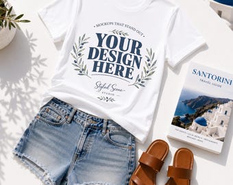 Weißes Flat Lay T-Shirt Mockup | Bella Canvas 3001 3005 3002 & Comfort Colors C1717 Gildan Mockup | Unisex Sommer Shirt Mockup | Leinwände POD