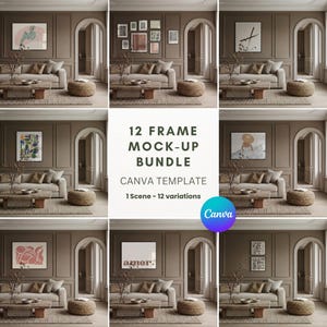 12x Canva Frame Mockup Bundle, 12 Variations 1 Scene, Living Room | Horizontal Vertical Double Square Matboard Glass Reflexion, Gallery Wall
