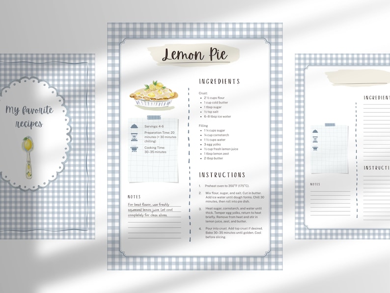 Peut inclure: Trois cartes de recettes avec une bordure &agrave; carreaux vichy bleu clair. La carte centrale pr&eacute;sente une illustration &agrave; l'aquarelle d'une tarte au citron et le titre "Lemon Pie". La recette comprend les ingr&eacute;dients et les instructions.