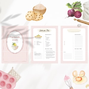Peut inclure: Illustration &agrave; l'aquarelle d'ingr&eacute;dients et d'outils de p&acirc;tisserie. Comprend un livre de recettes avec le texte "My favorite recipes" et "Lemon Pie", des biscuits, de la farine, des betteraves, un rouleau &agrave; p&acirc;tisserie, des &oelig;ufs et une poche &agrave; douille. Motif vichy rose et blanc.