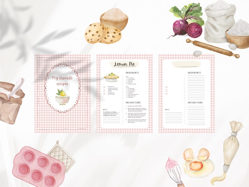 Peut inclure: Illustration &agrave; l'aquarelle d'ingr&eacute;dients et d'outils de p&acirc;tisserie. Comprend un livre de recettes avec le texte "My favorite recipes" et "Lemon Pie", des biscuits, de la farine, des betteraves, un rouleau &agrave; p&acirc;tisserie, des &oelig;ufs et une poche &agrave; douille. Motif vichy rose et blanc.