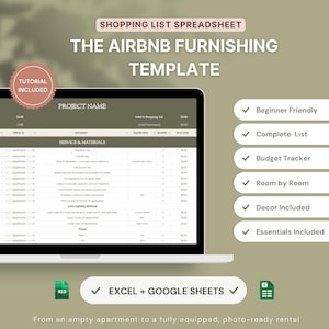 Airbnb Furnishing Shopping List Spreadsheet | Excel & Google Sheets | Checklist, Budget, Order Tracking, Decor, Supplies, Essentials, Simple
