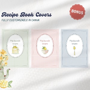 Peut inclure: Trois couvertures de livre de recettes avec des fonds &agrave; carreaux vichy verts, roses et bleus. Chaque couverture pr&eacute;sente un cadre ovale avec le texte "My favorite recipes" et une illustration &agrave; l'aquarelle de citrons et d'ustensiles de cuisine. Le texte "Recipe Book Covers" et "FULLY CUSTOMIZABLE IN CANVA" est en haut.