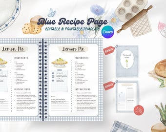 Peut inclure: Une page de recette bleue avec le texte "Blue Recipe Page EDITABLE & PRINTABLE TEMPLATE Canva". Le cahier ouvert affiche une recette de tarte au citron avec ingrédients et instructions. Des fiches de recettes supplémentaires et des illustrations sur le thème de la pâtisserie complètent le design.